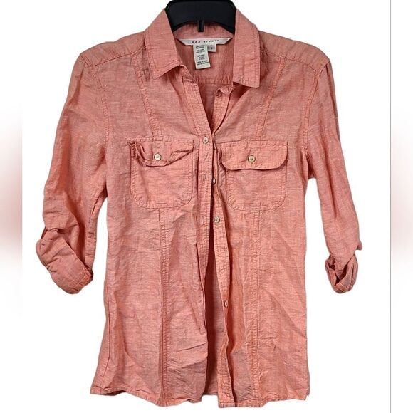 Max Studio Orange Linen Blend Roll Tab Sleeve Casual Button Down Shirt Women's S - Picture 1 of 9